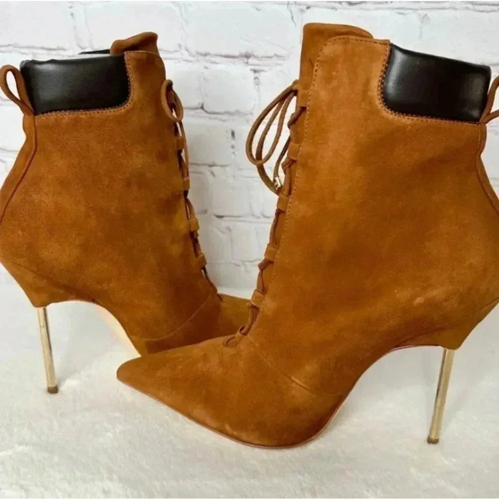 Good American Booties Suede Tobacco Cognac Lace Up Scandal 9 - Picture 3 of 7